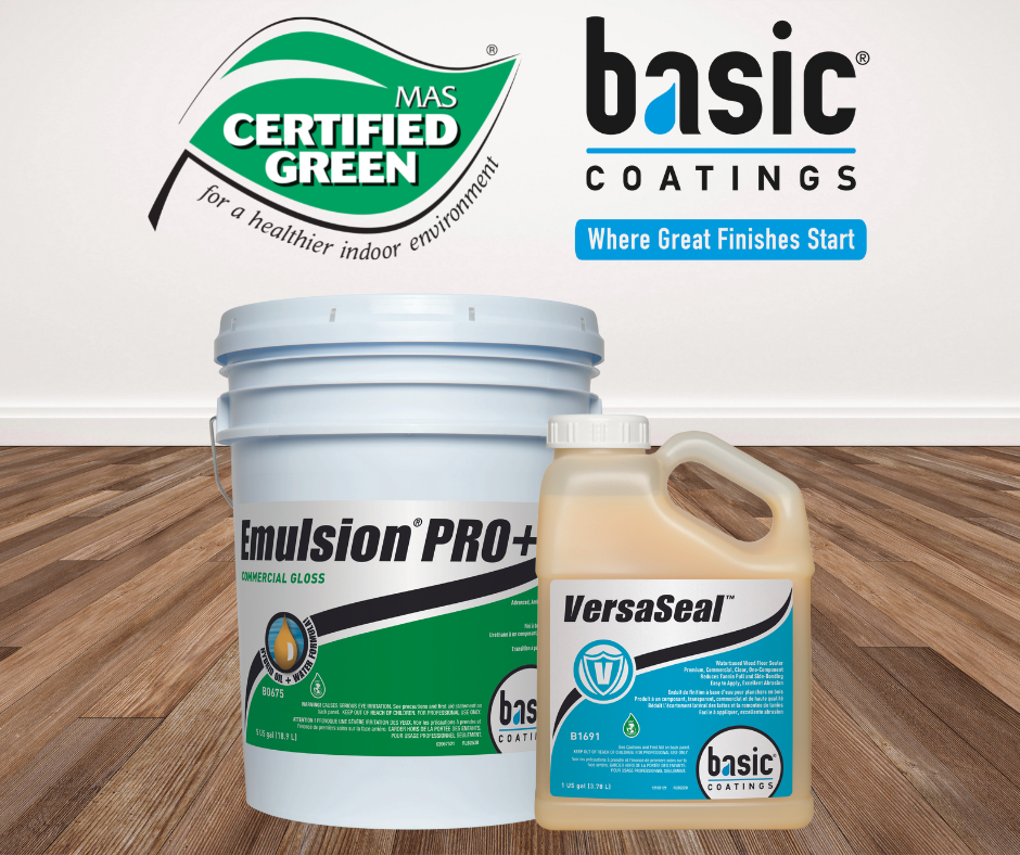 Emulsion PRO+ and VersaSeal side by side with the Mas Certified Green logo and Basic Coatings logo above them