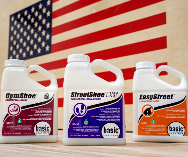 Products in front of flag