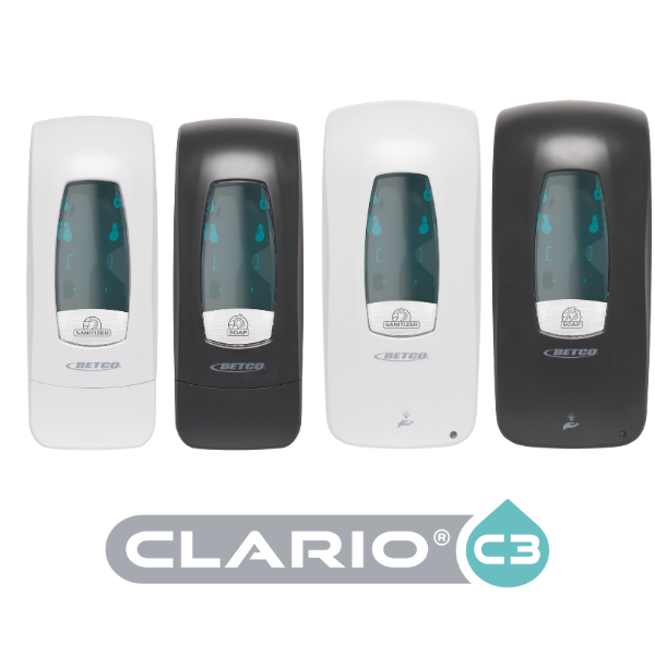 Four Clario C3 soap and sanitizer dispensers in black and white, shown above the Clario C3 logo.