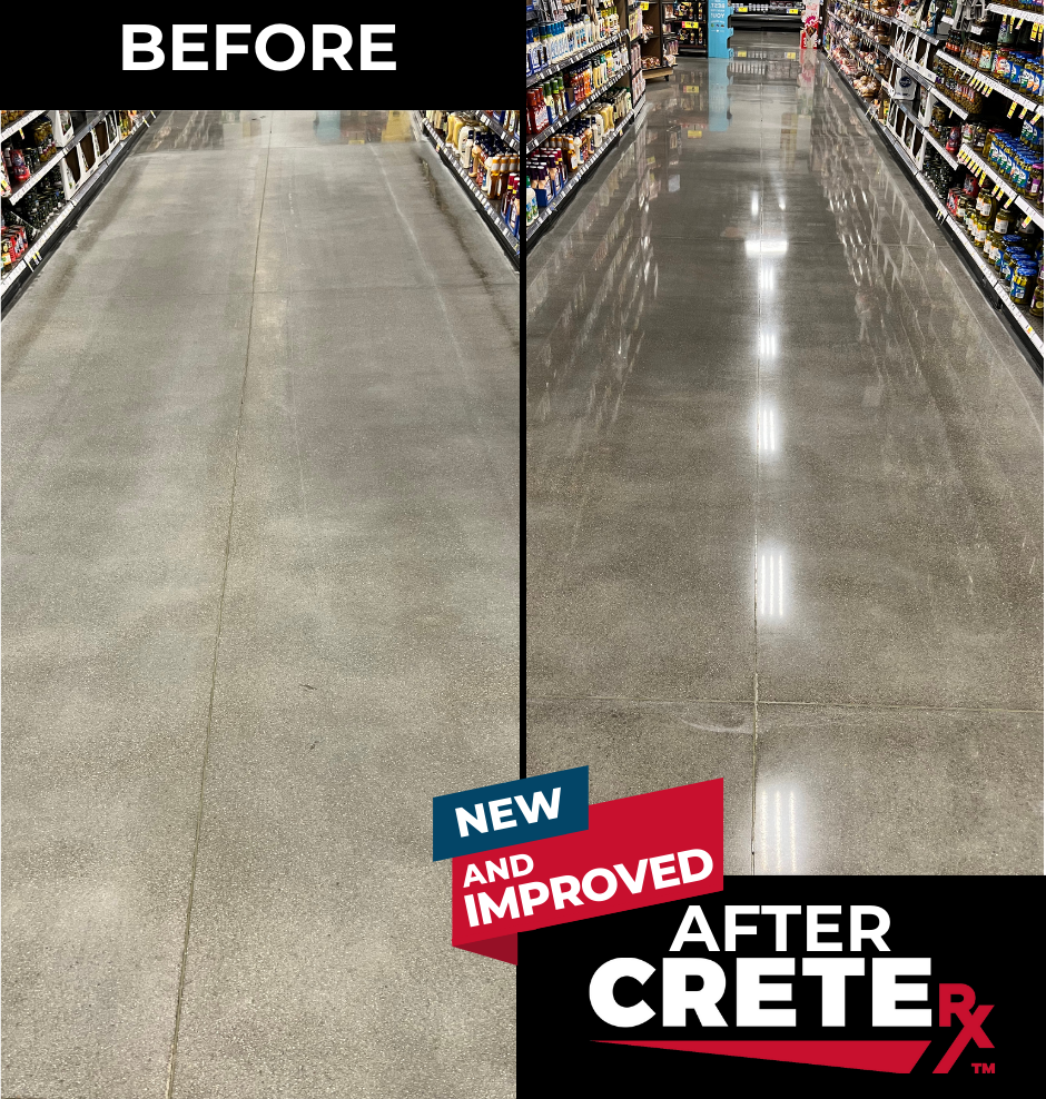 Side-by-side comparison of a grocery store aisle floor before and after treatment with CreteRx. The before image shows a dull, scuffed surface, while the after image displays a shiny, reflective floor with a clean, polished finish. Text overlay reads New and Improved After CreteRx