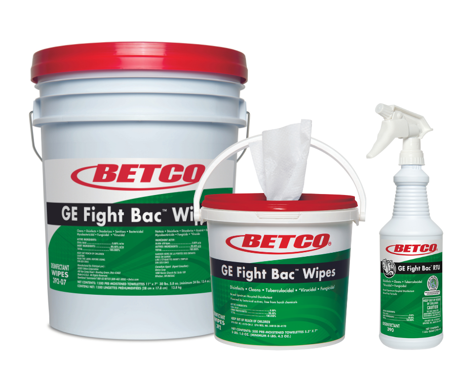 GE Fight Bac Wipes, big bucket and small bucket, and GE Fight Bac RTU