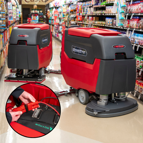 Two red and black Betco floor scrubbers in a grocery store aisle, with inset showing close-up of a hand plugging in a red charger marked “RoyPow.”