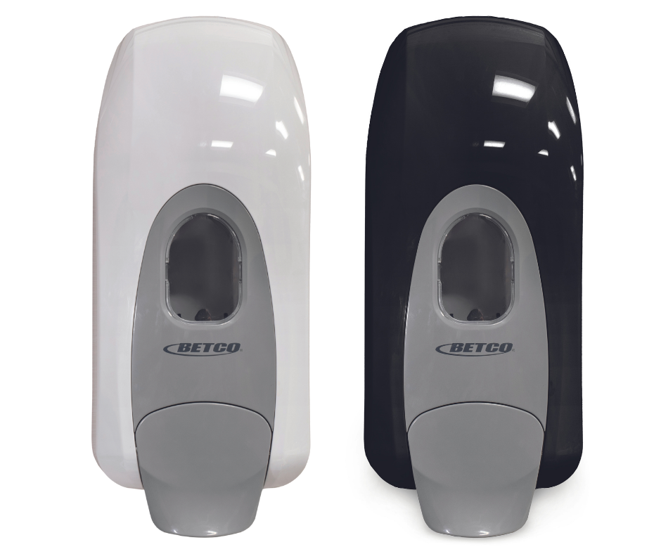 White and black Clario Manual Dispensers with Betco logo across the front 